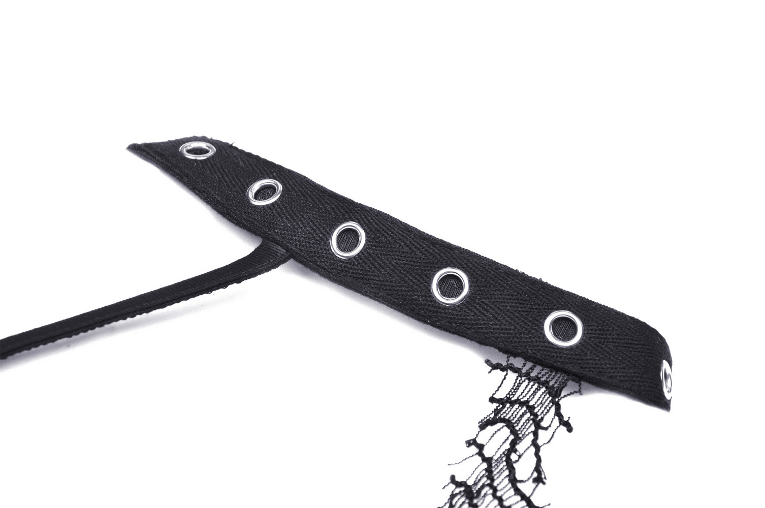 Close-up of chic lace-up back detail on a black halter top, featuring eyelets and intricate design elements.