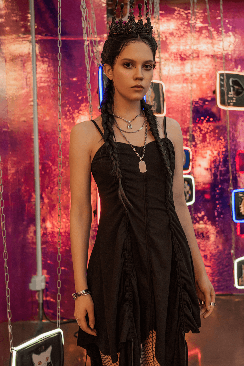 Chic Asymmetrical Witch Slip Dress with Punk Accents