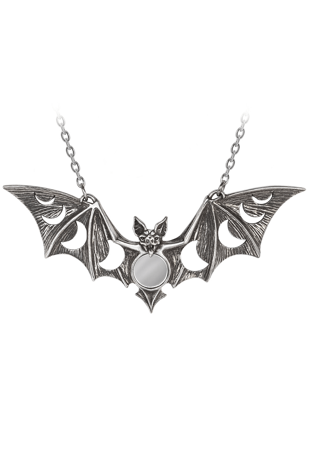 Chic bat necklace with moon phases and mirror detail, perfect for gothic and occult fashion.