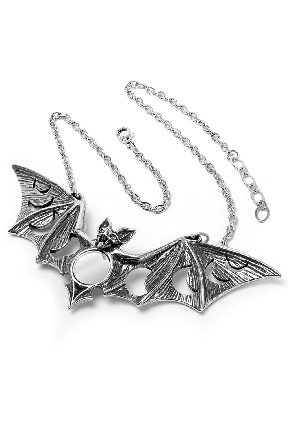 Chic bat necklace with moon phases and mirror centerpiece, perfect for gothic style lovers.
