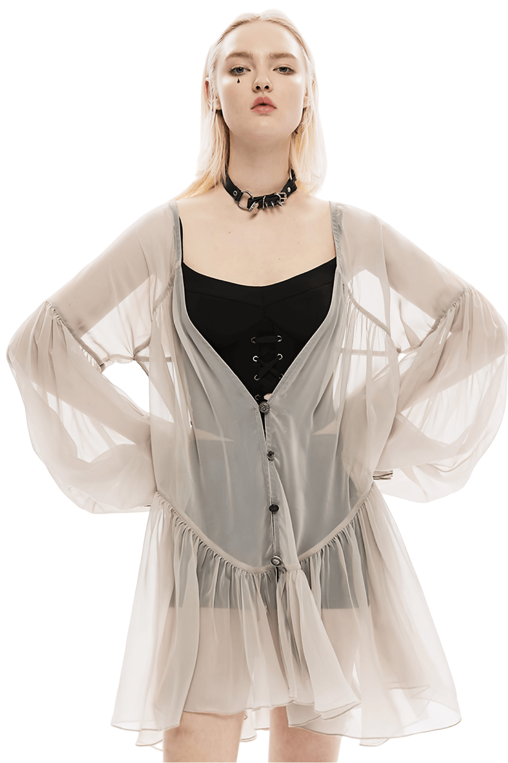 Chic Beige Chiffon Blouse with Ruffled Sleeves