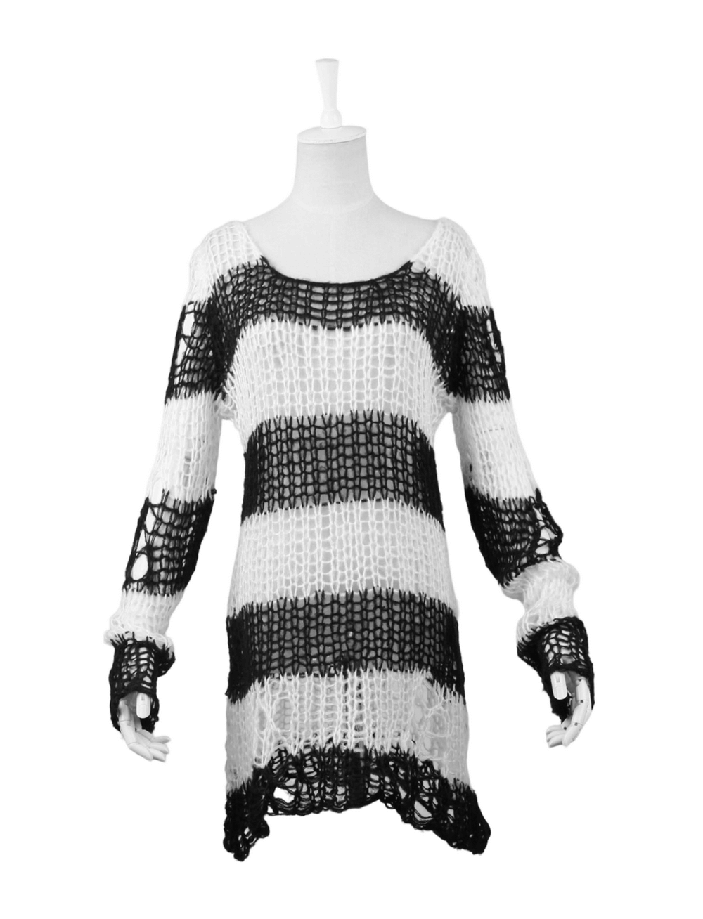 Chic black and white striped long sweater with holes, perfect for stylish fashionistas and cozy occasions.