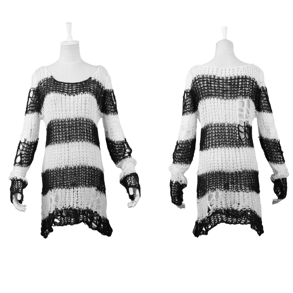 Chic black and white striped long sweater with holes, perfect for modern fashionistas and cozy evenings.