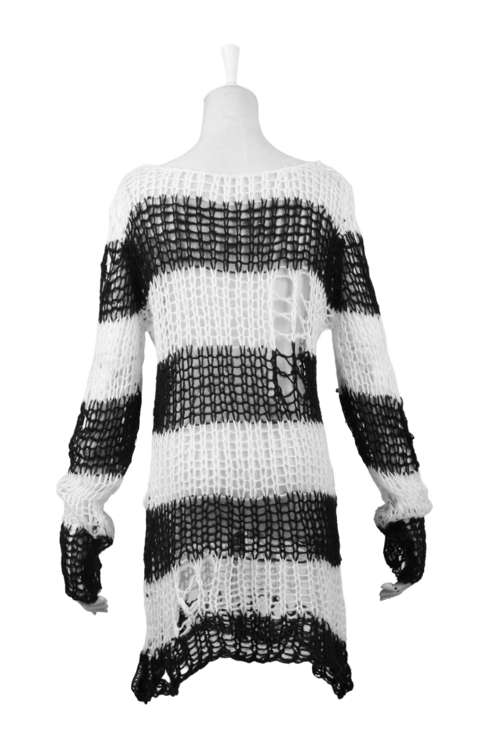 Stylish black and white striped long sweater with holes, perfect for trendy fashionistas.