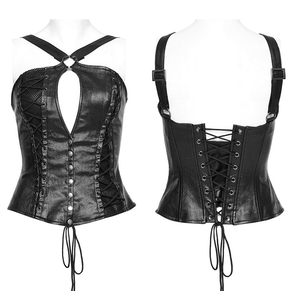Chic black corset top with edgy lace-up back and eye-catching cut-out design, perfect for a bold fashion statement.