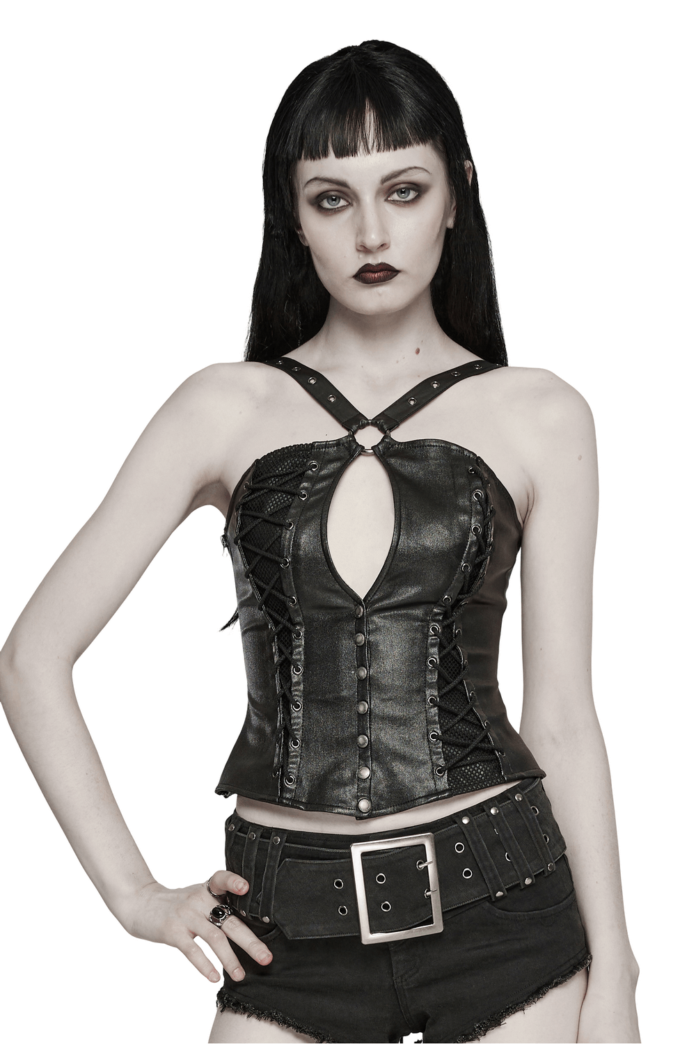 Edgy black leather corset top with lace-up details and a stylish keyhole cut-out.