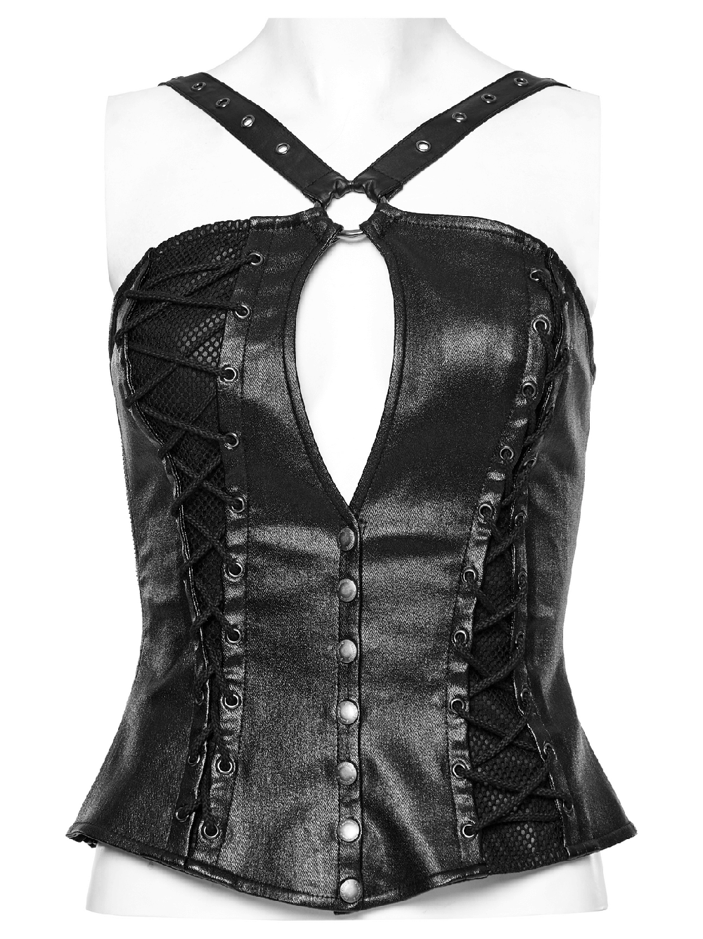 Chic black asymmetric top with eyelet details and metal accents for edgy high fashion style.