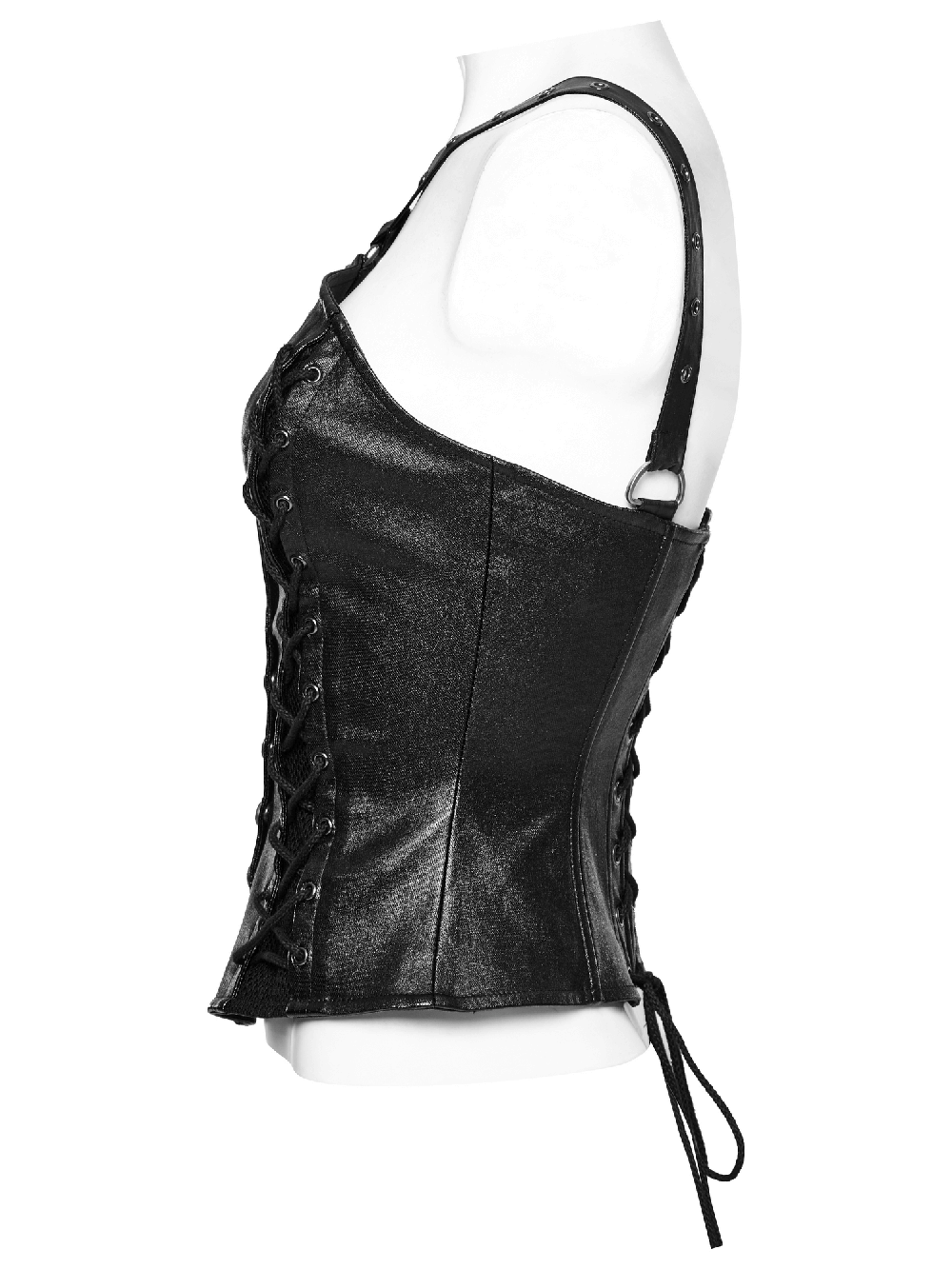 Chic black asymmetric top with eyelet details and metal accents for a trendy, edgy look.