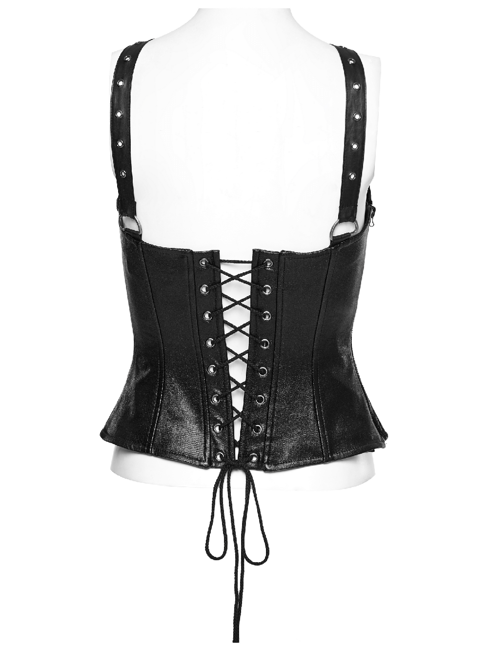 Edgy black corset top featuring stylish lace-up back and studded straps for a chic look.