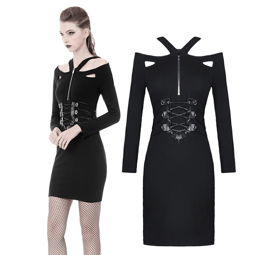 Chic black cut-out dress with lace-up corset and long sleeves, perfect for a night out.