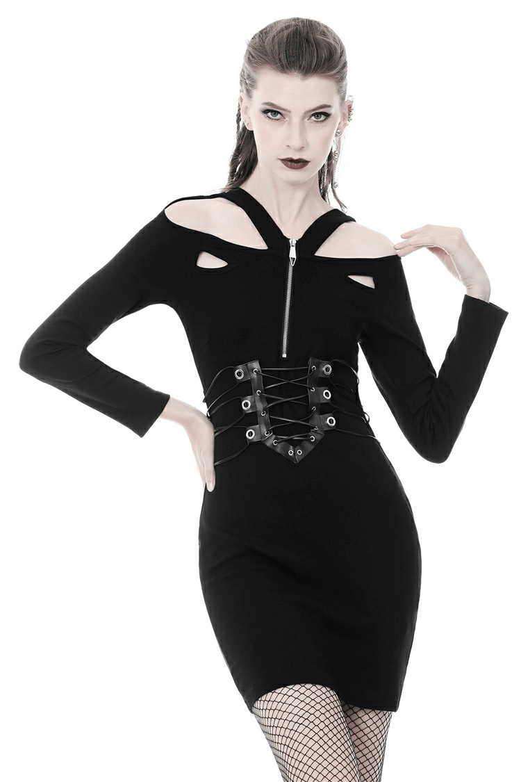 Chic black cut-out dress with lace-up corset detail and long sleeves, perfect for a bold night out.