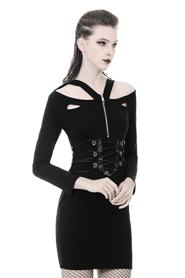 Chic black cut-out dress with lace-up corset waist and halter neck, perfect for edgy night out styling.