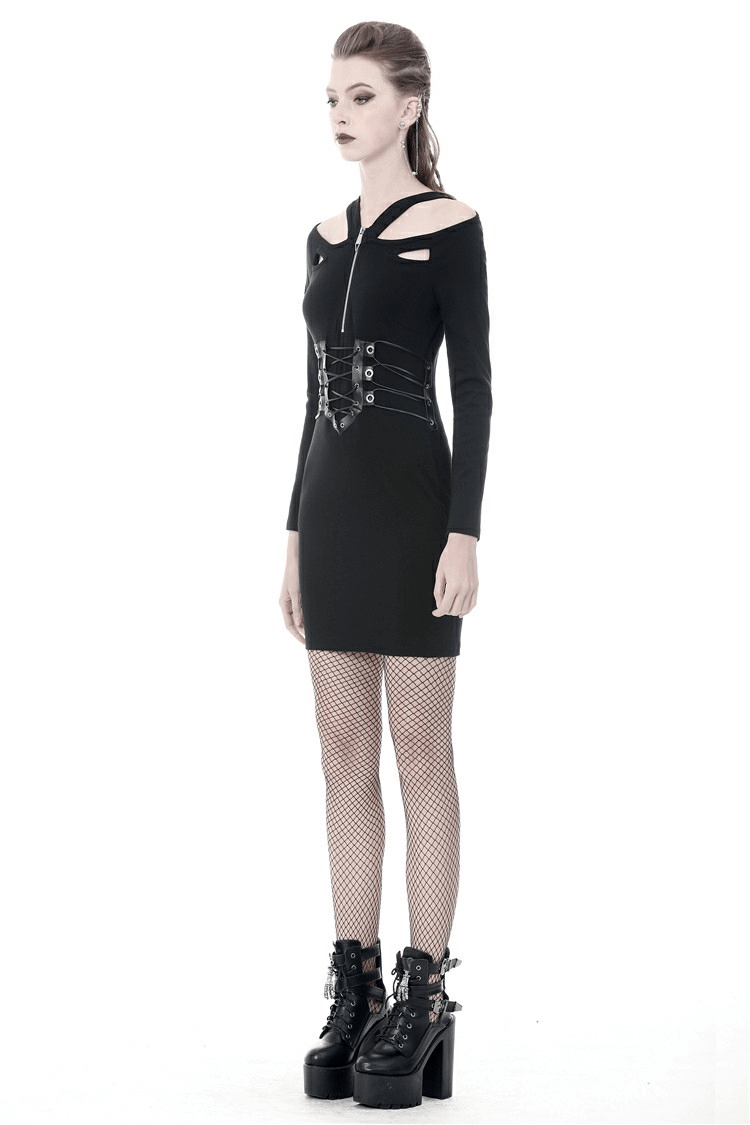 Chic Black Cut-out Long Sleeves Lace-up Dress