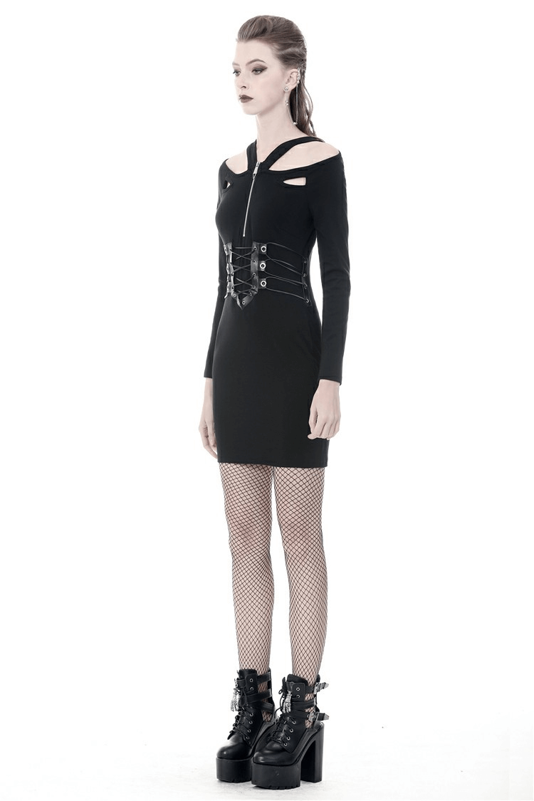 Chic black cut-out long sleeve lace-up dress with corset detail and edgy punk rock style.