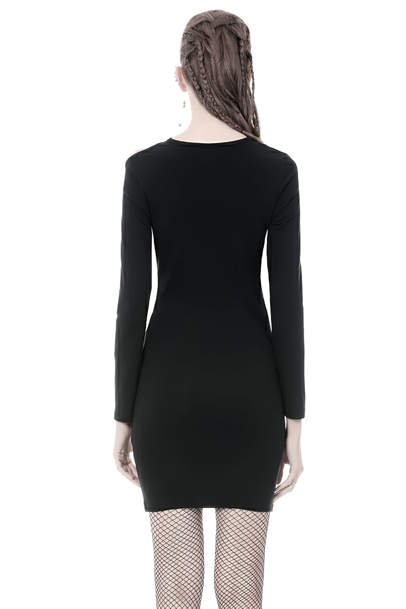 Back view of a chic black long sleeves dress with lace-up detail and figure-hugging silhouette, perfect for a night out.