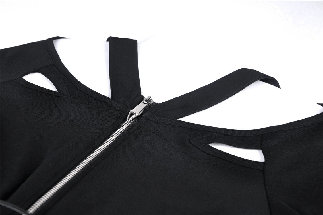 Chic black dress with cut-out design showcasing lace-up corset detail and zipper on back for a bold look.
