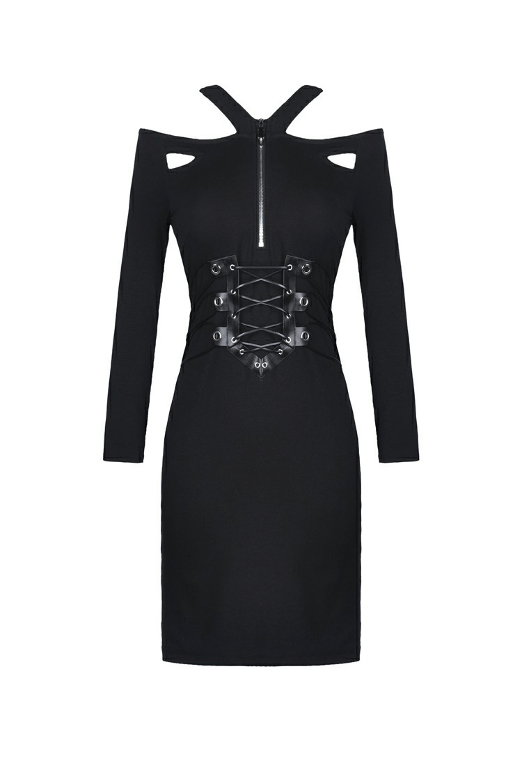 Chic black cut-out long sleeves lace-up dress with corset bodice for a stylish night out.