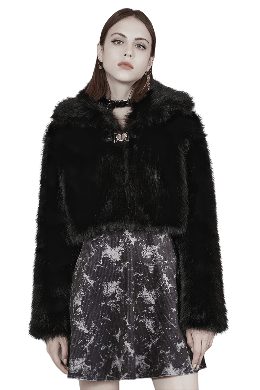 Chic Black Faux Fur Cropped Jacket with Buckle