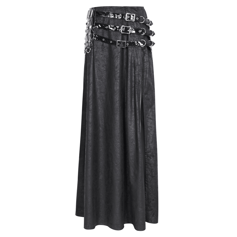 Chic black faux leather long skirt with buckles and slit, perfect for a gothic-inspired outfit.