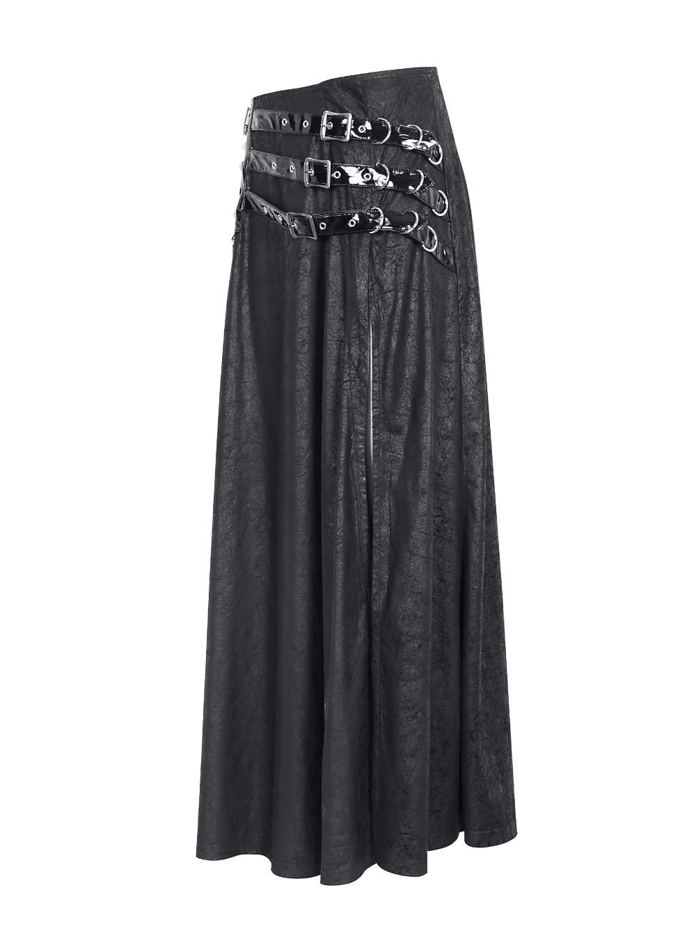 Chic black faux leather long skirt with buckles and slit, perfect for gothic fashion.
