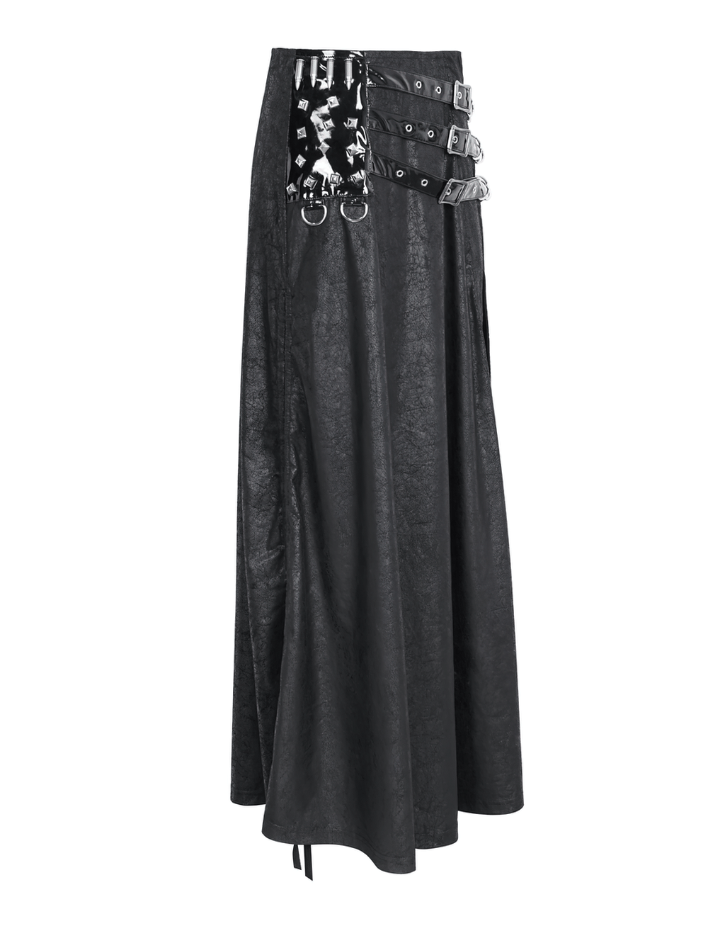 Chic black faux leather long skirt with buckles and slit for a gothic look, perfect for edgy outfits.