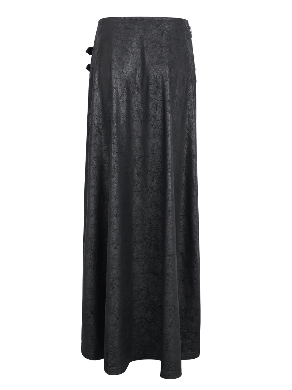 Chic black faux leather long skirt with buckles and slit for a gothic style statement.