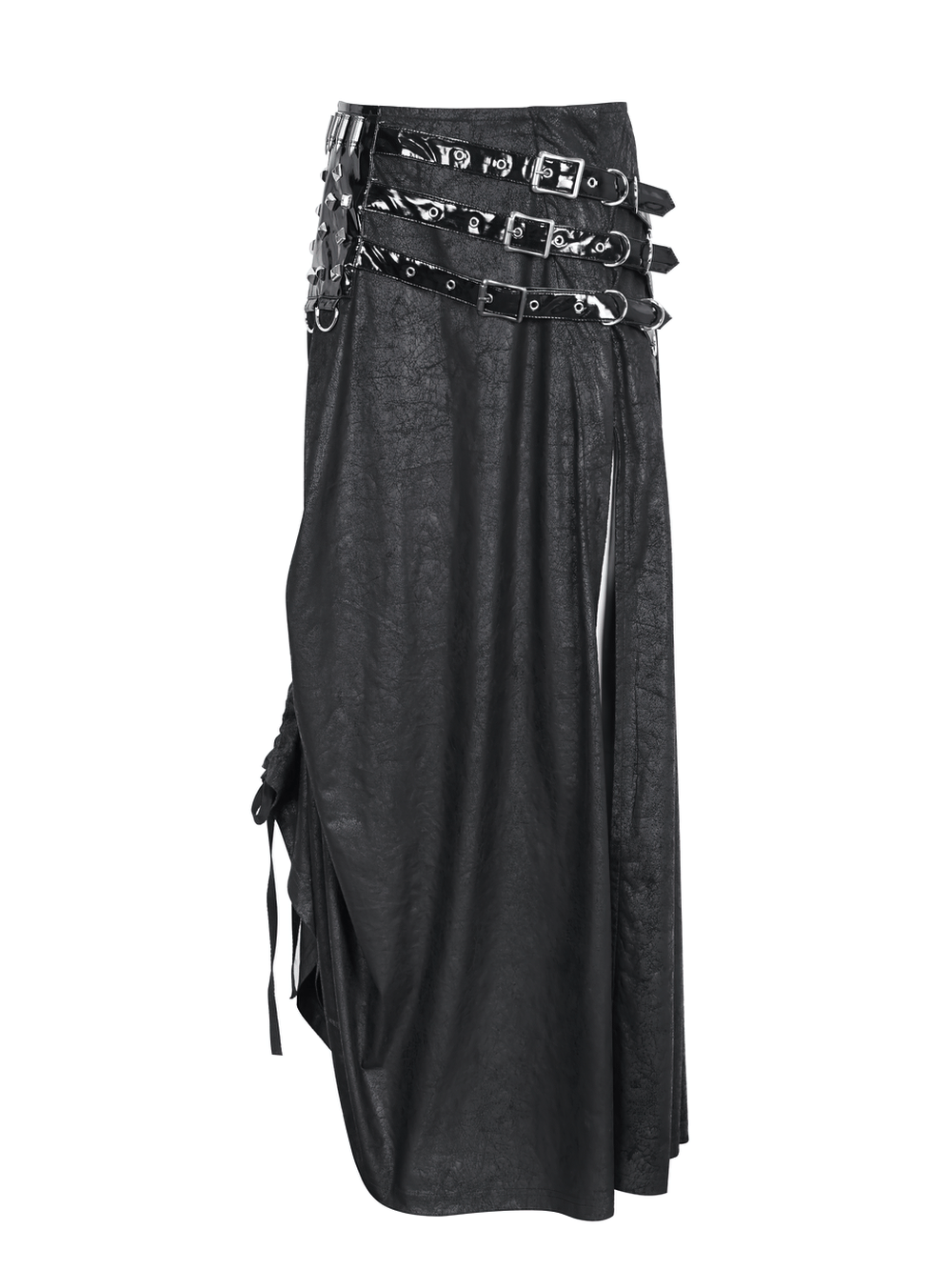Chic black faux leather long skirt with buckle details and slit, perfect for gothic fashion lovers.