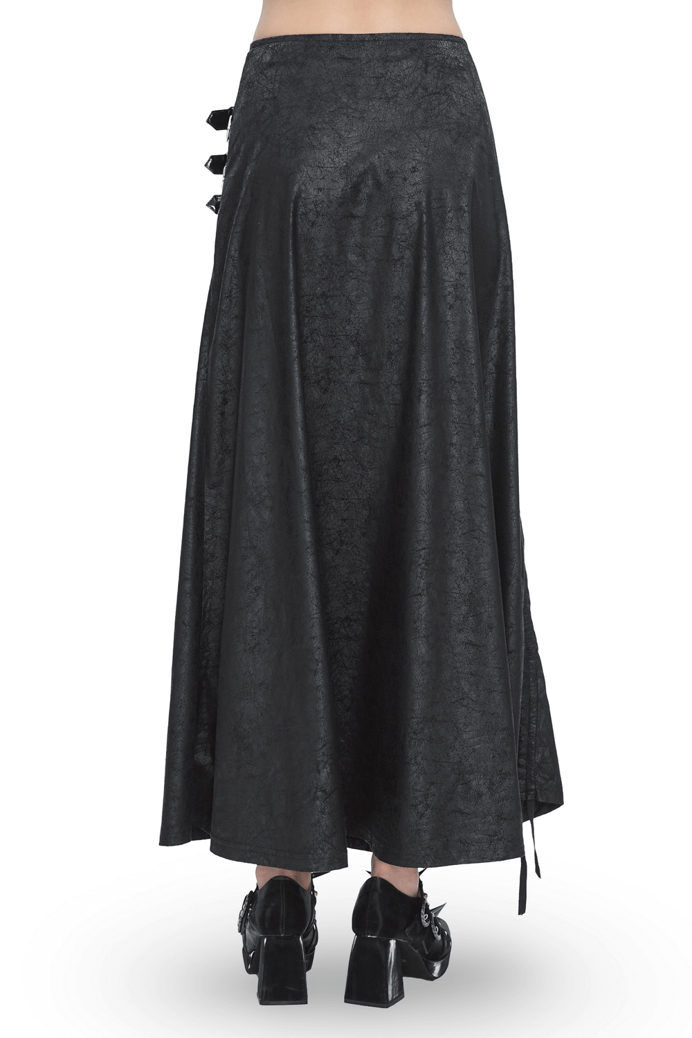 Chic Black Faux Leather Buckled Long Skirt With Slit