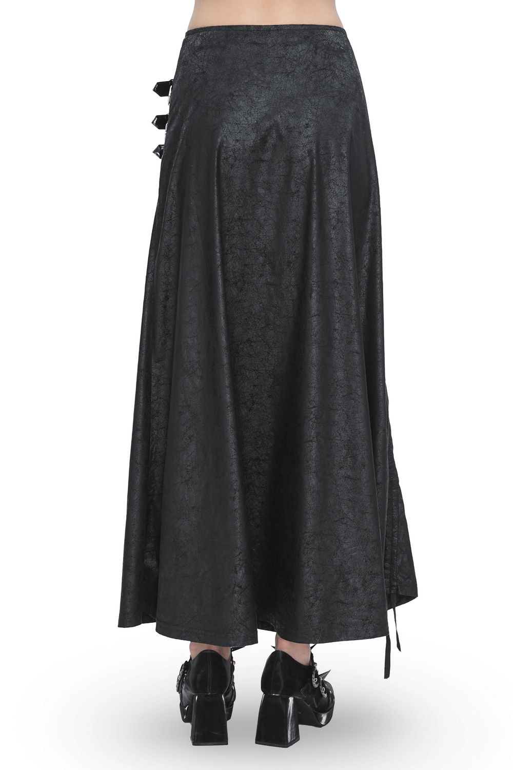 Back view of a chic black faux leather long skirt with buckles and a slit, perfect for an edgy gothic outfit.