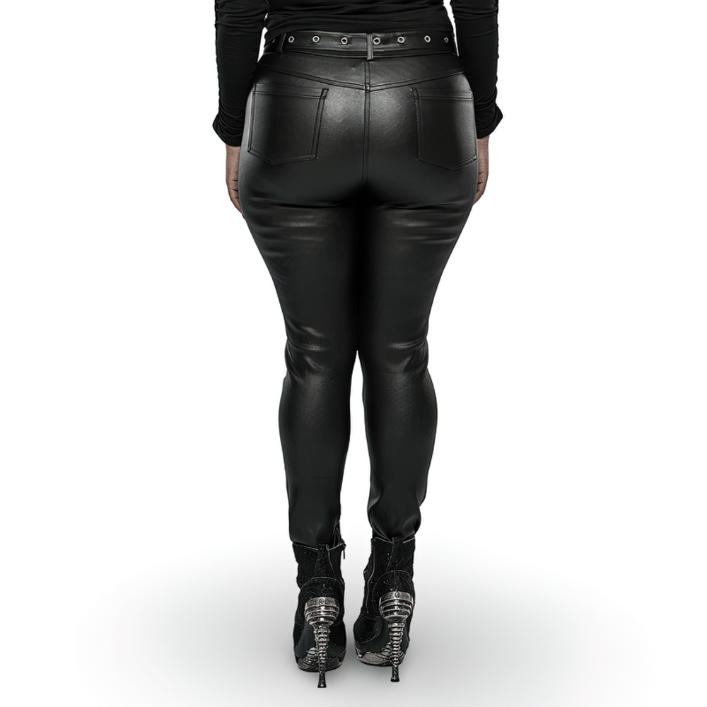Back view of chic black faux leather zippered skinny pants with a sleek fit and stylish pockets.