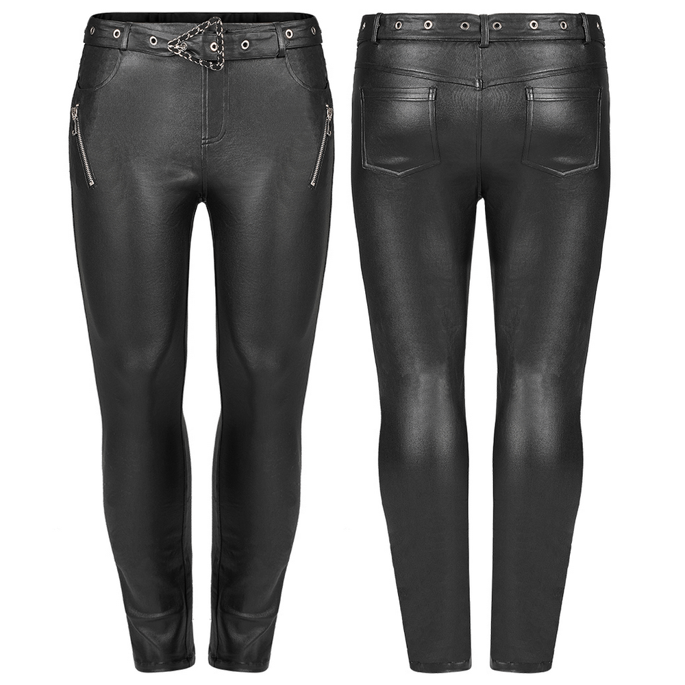 Chic black faux leather zippered skinny pants with removable waist loop and punk style details.