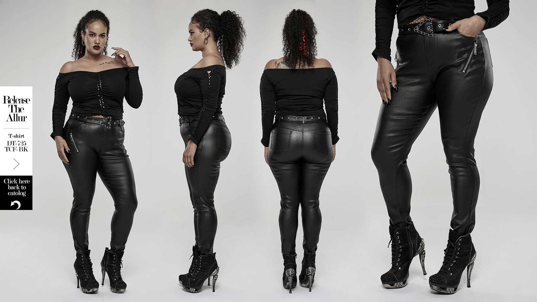 Chic black faux leather zippered skinny pants showcased from multiple angles, exuding punk style and comfort.