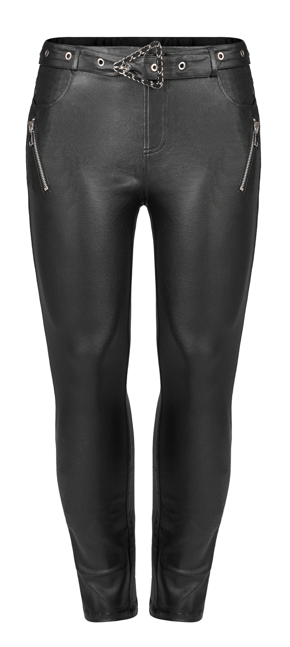 Chic black faux leather zippered skinny pants with removable waist loop and decorative zippers.