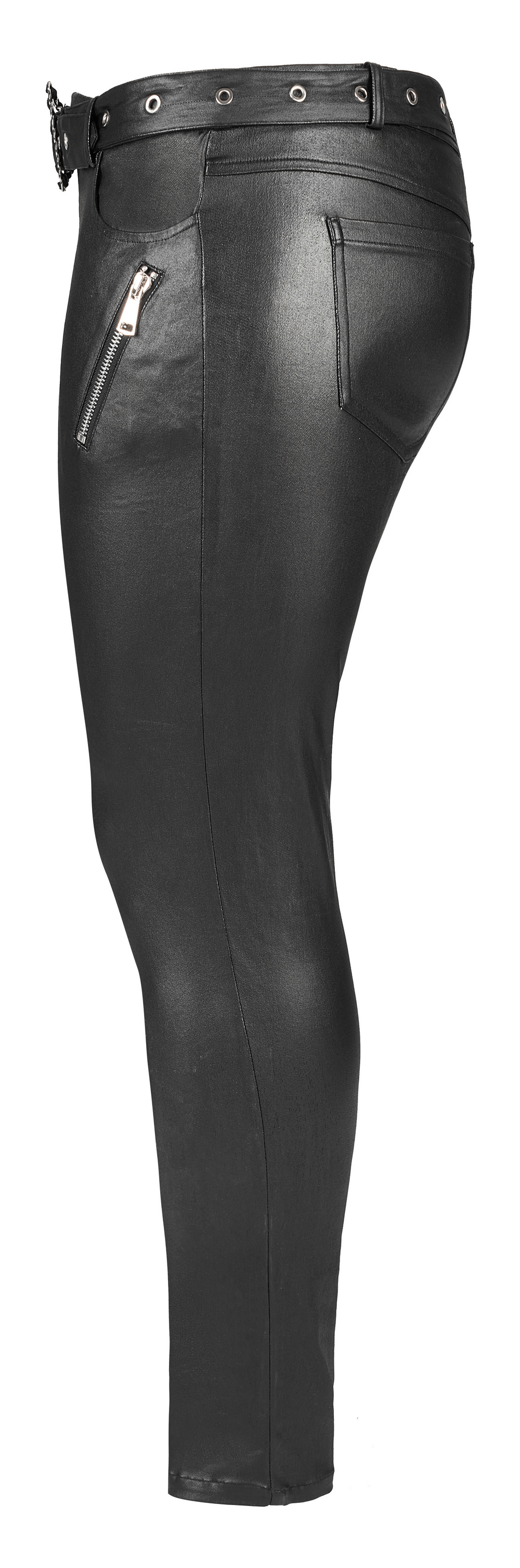 Chic black faux leather zippered skinny pants with removable waist loop and side zipper detail.