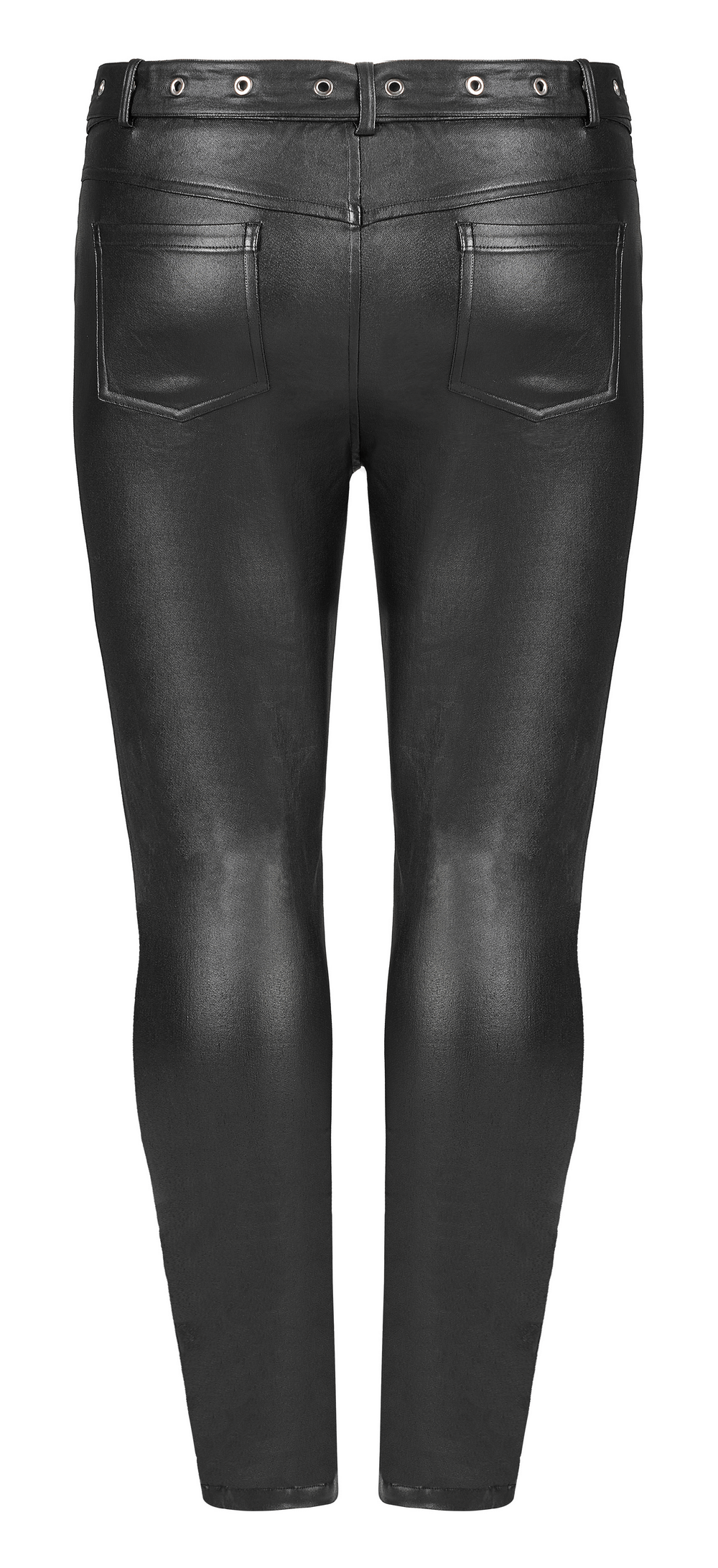 Chic black faux leather zippered skinny pants showcasing a sleek fit and punk-inspired design with removable waist loop.