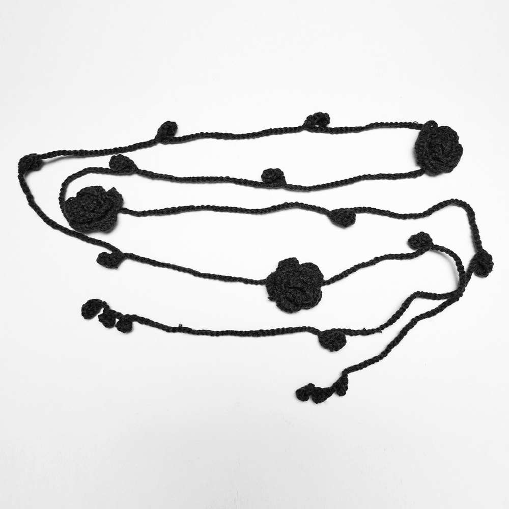 Alt Tag: Chic Black Gothic Asymmetrical Lace Ruffle Slip Dress black crochet floral tie belt accessory, witchy dark romantic styling