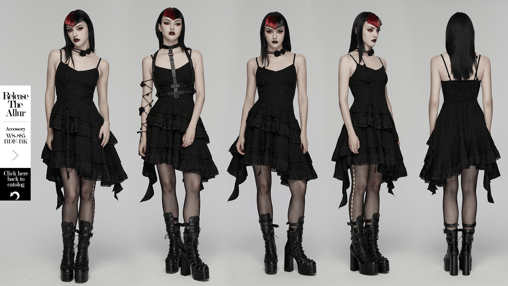 Alt Tag: Chic Black Gothic Asymmetrical Lace Ruffle Slip Dress on model, layered hem, lace trim, slim straps, witchy gothic party look front and back