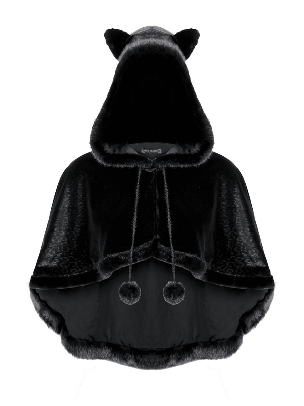 Chic Black Gothic Cat Ear Hooded Cape with Faux Fur Trim black witchy poncho with pom pom ties and velvet-look finish