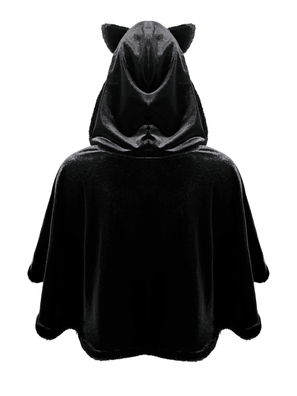 Chic Black Gothic Cat Ear Hooded Cape with Faux Fur Trim, black witchy poncho with cat ears and plush pom-pom ties