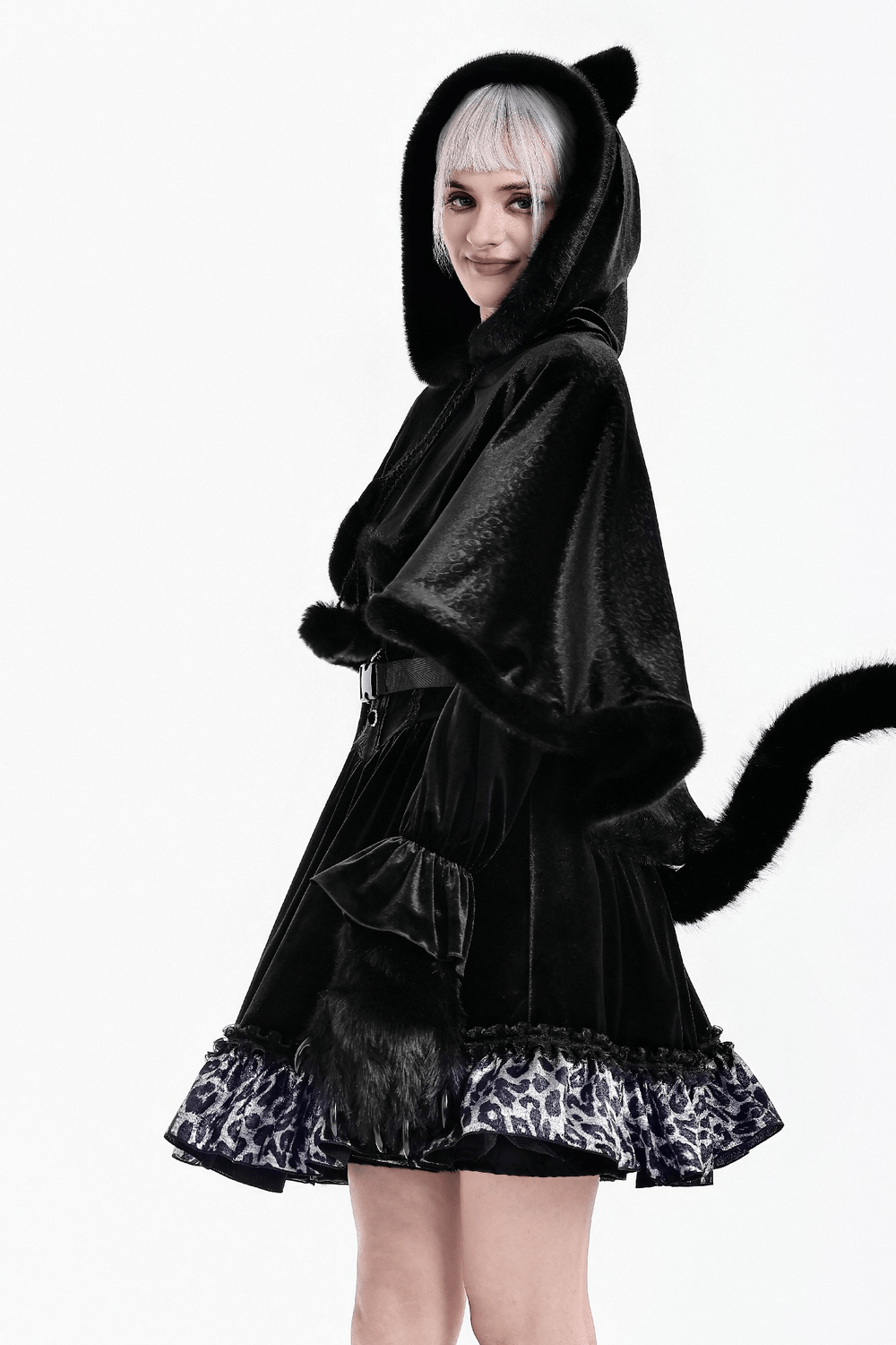 Chic Black Gothic Cat Ear Hooded Cape with Faux Fur Trim, black velvet poncho with cat ears and pom-pom ties