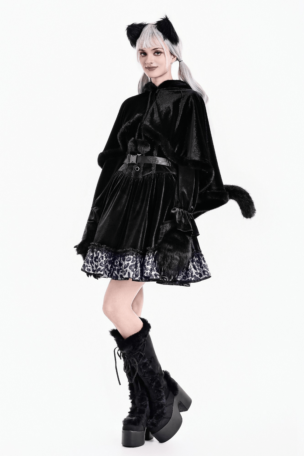 Chic Black Gothic Cat Ear Hooded Cape with Faux Fur Trim, playful black cat-ear poncho cape with pom pom ties