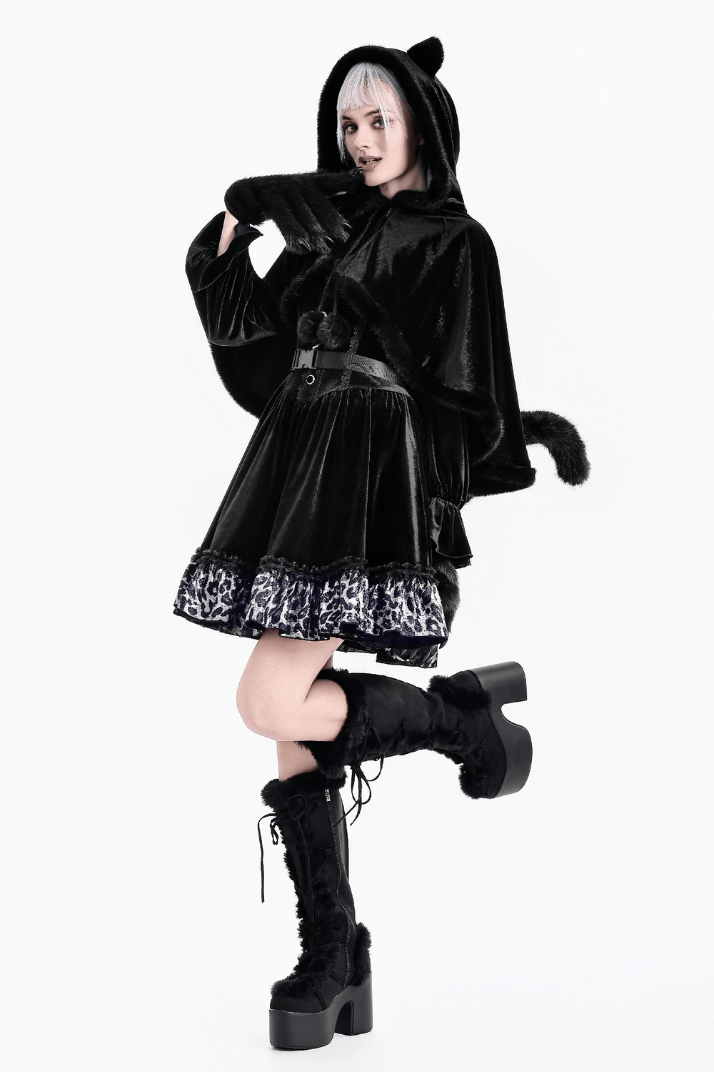 Chic Black Gothic Cat Ear Hooded Cape with Faux Fur Trim, playful black witchy poncho with pom pom ties and cat ears