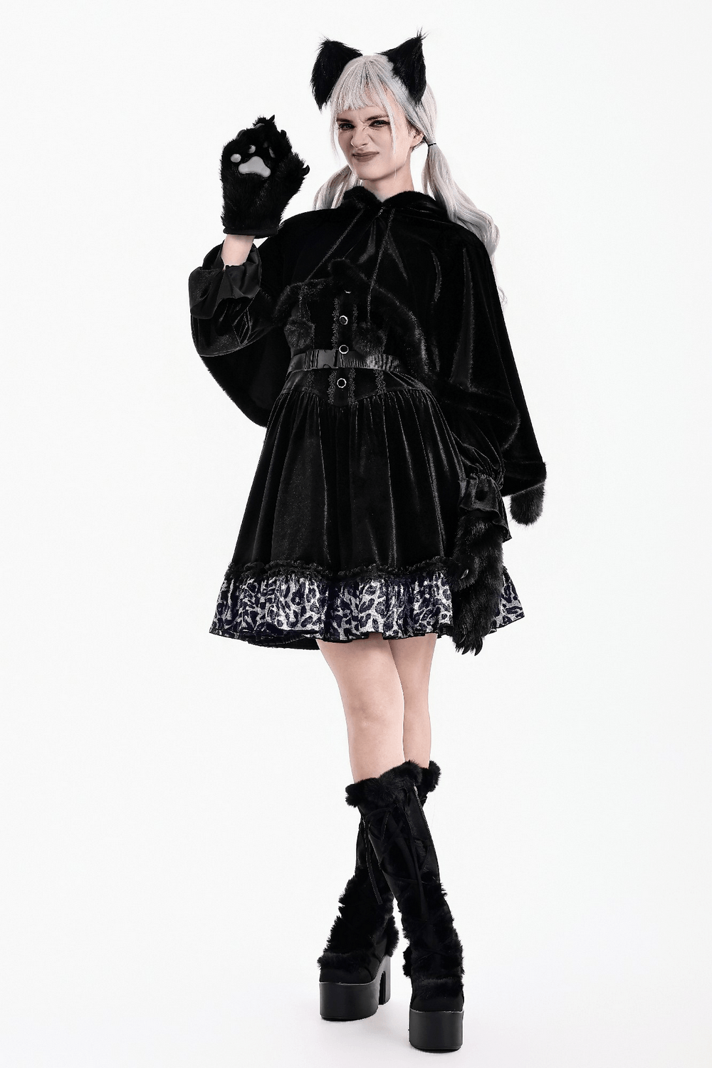 Chic Black Gothic Cat Ear Hooded Cape with Faux Fur Trim, playful witchy poncho with pom-pom ties