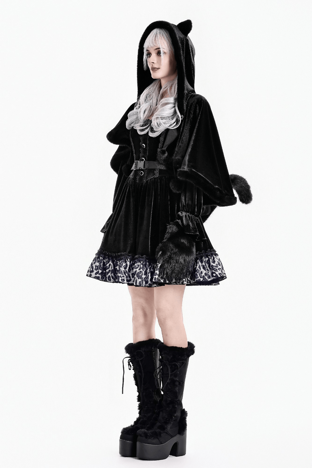 Chic Black Gothic Cat Ear Hooded Cape with Faux Fur Trim, black witchy poncho with pom pom ties and plush cat ears