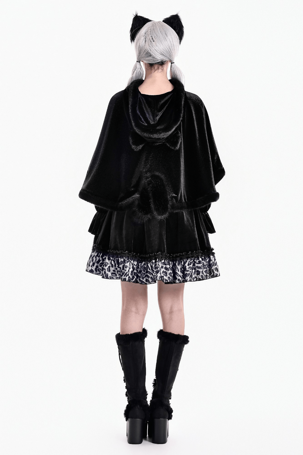 Chic Black Gothic Cat Ear Hooded Cape with Faux Fur Trim black witchy poncho with cat ears and pom pom ties