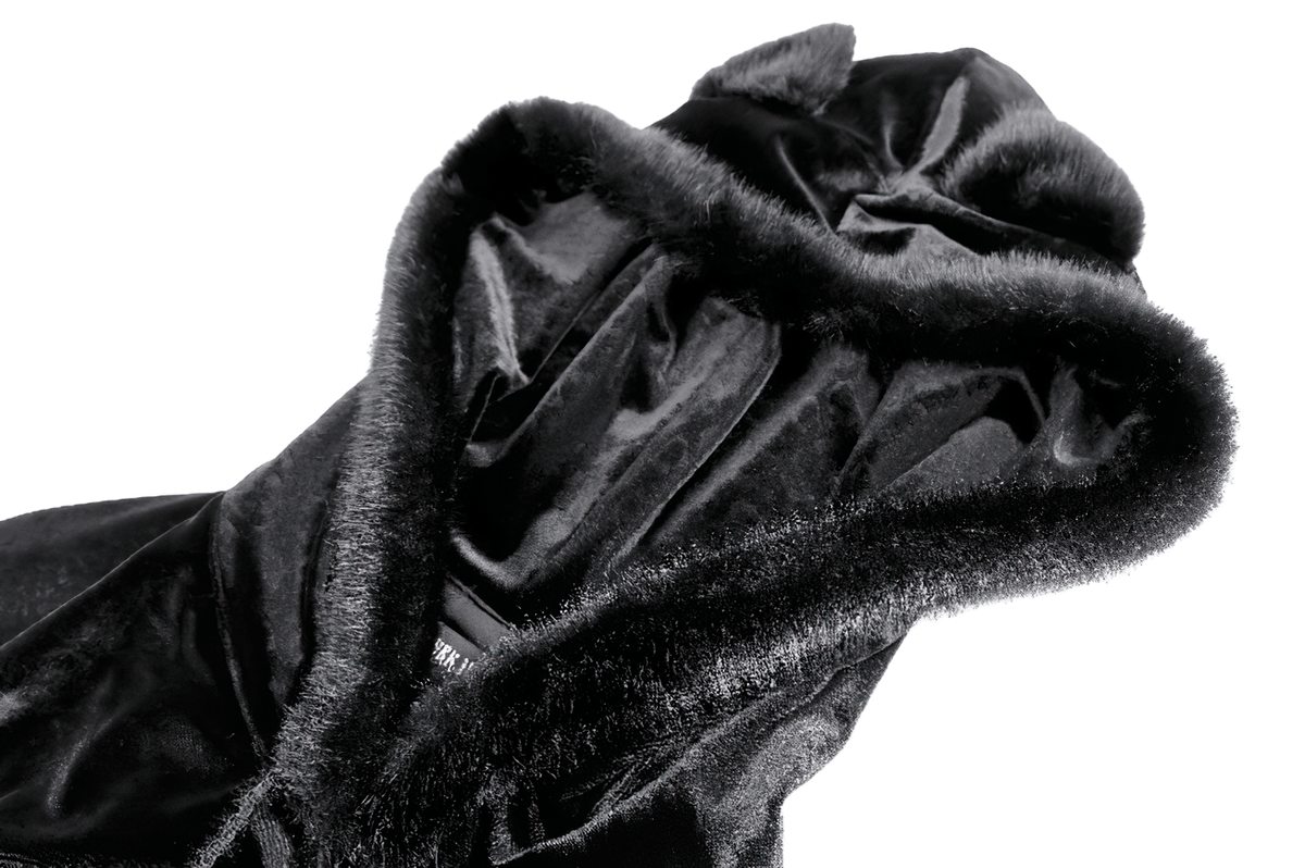 Chic Black Gothic Cat Ear Hooded Cape with Faux Fur Trim, playful black witchy poncho with pom pom ties