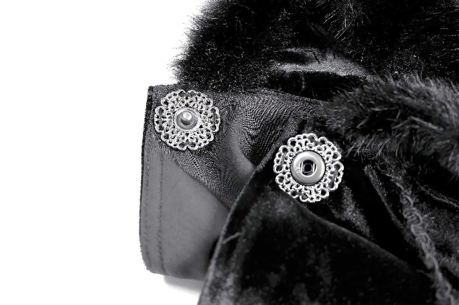 Chic Black Gothic Cat Ear Hooded Cape with Faux Fur Trim black velvet-look cape with pom pom ties and silver lace snaps