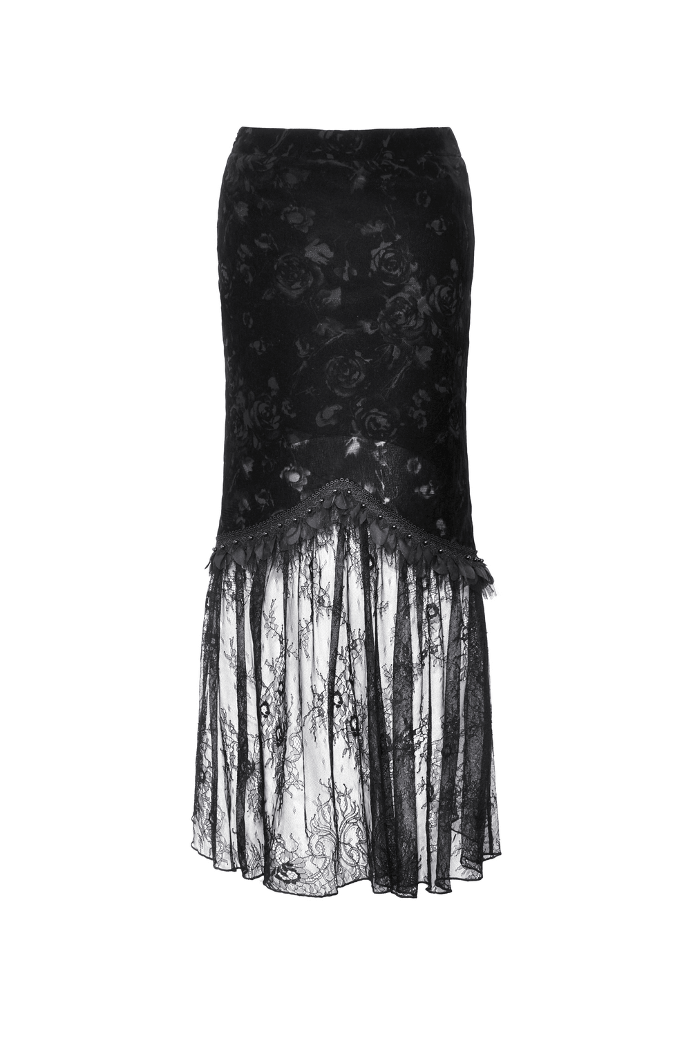 Chic Black High-Low Long Skirt with Lace Detail