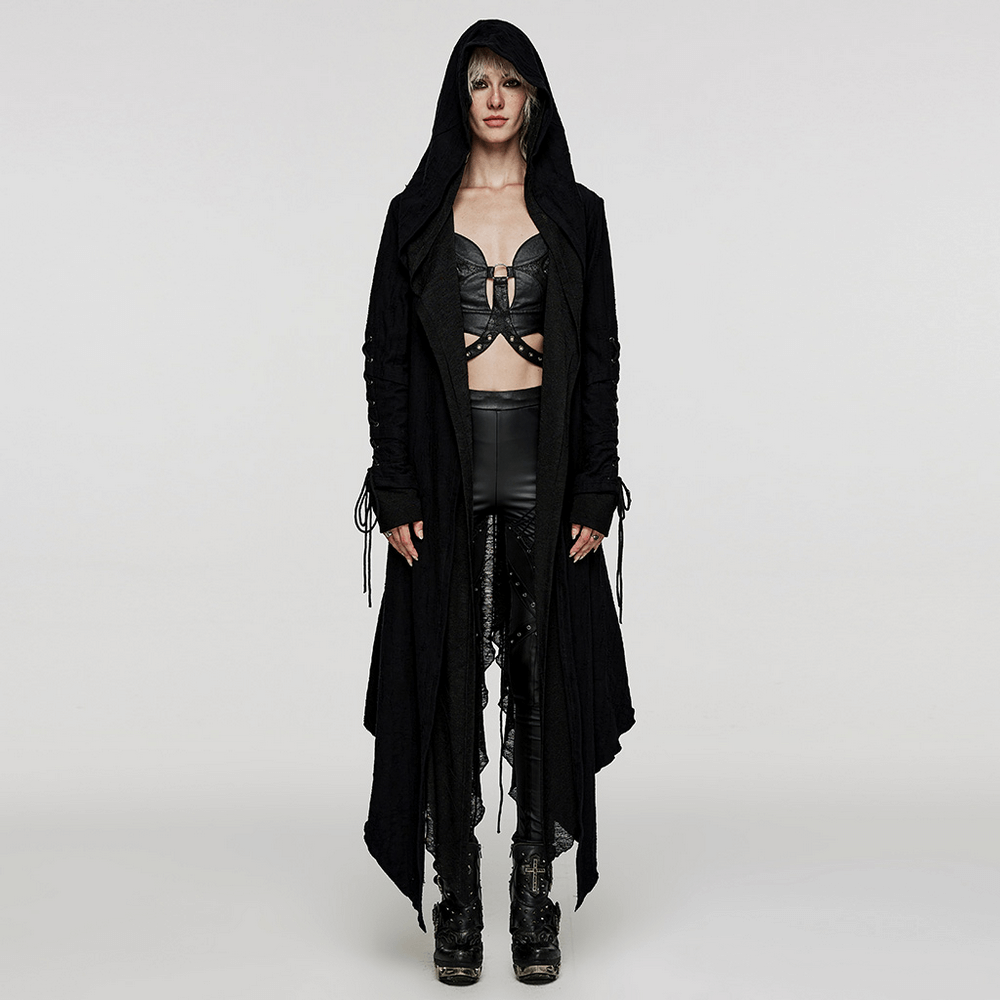 Chic black hooded gothic long coat paired with edgy punk style outfit, perfect for embracing goth aesthetics.
