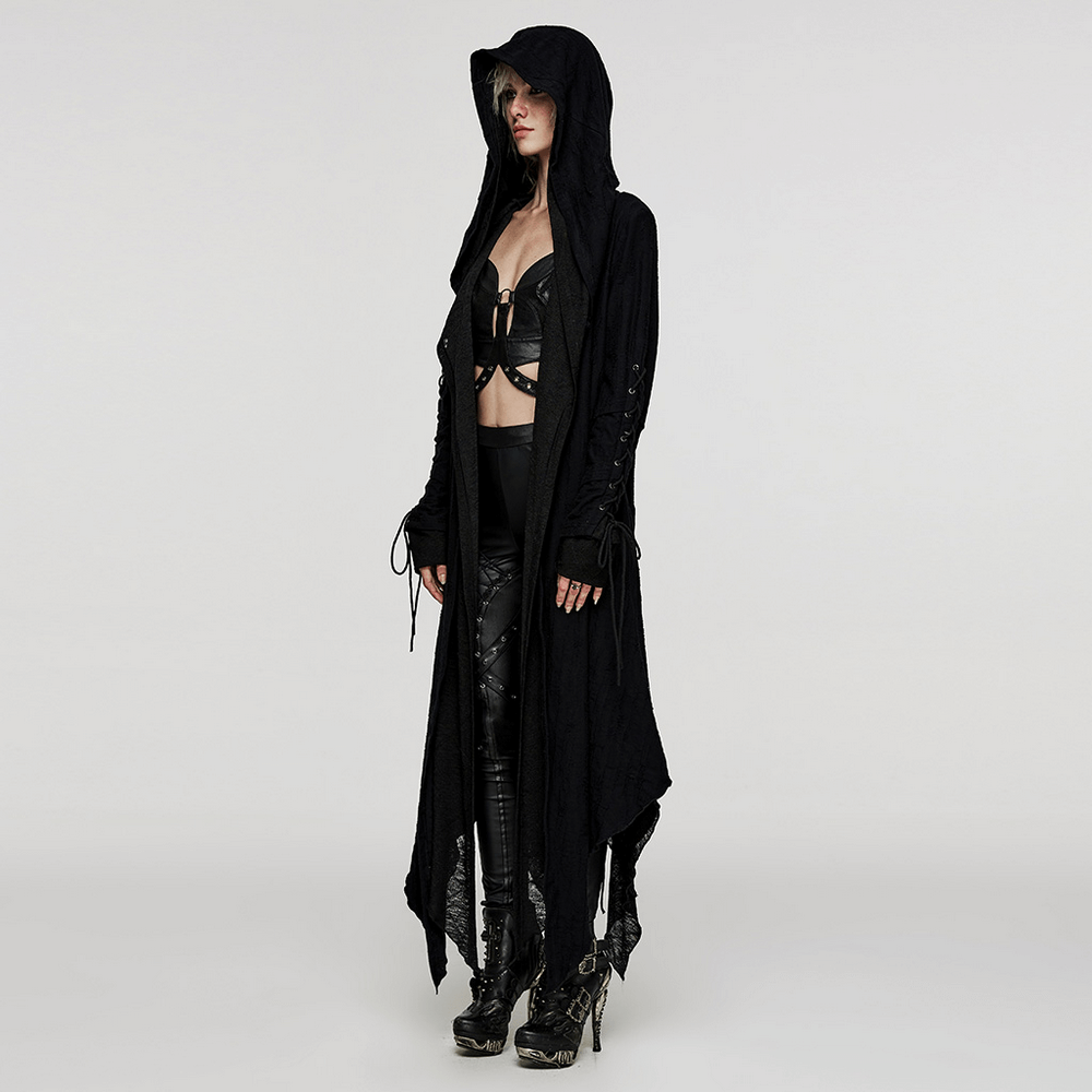 Chic black hooded gothic long coat for edgy style, featuring layered design and customizable fit.
